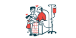 Illustration shows a man in a chair receiving IV therapy, as an adult and child watch.