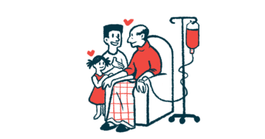 Illustration shows a man in a chair receiving IV therapy, as an adult and child watch.