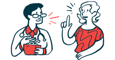A person speaks as a doctor, holding a clipboard, listens.
